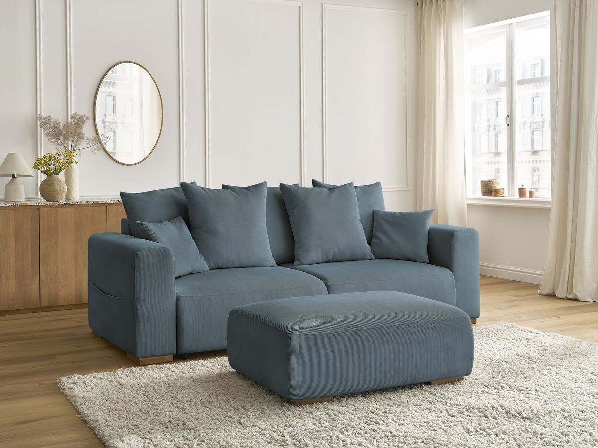 Bobochic Sidonie Schlafsofa 4-Sitzer mit Bettkasten und Pouf Cordsamt Dunkelblau