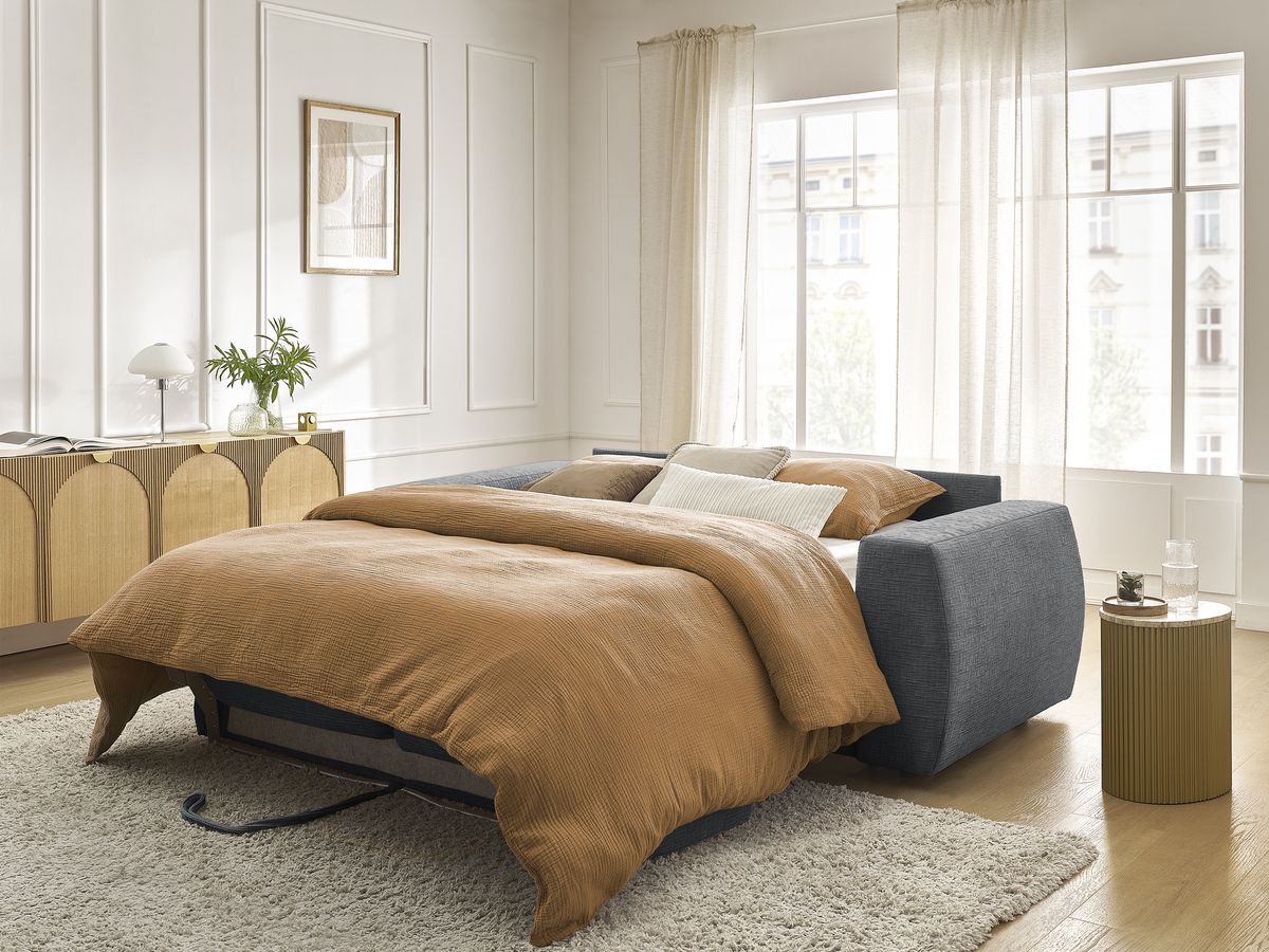 Bobochic Hugo Schlafsofa 3-Sitzer Strukturstoff Dunkelgrau, Liegefläche 160 × 190 cm