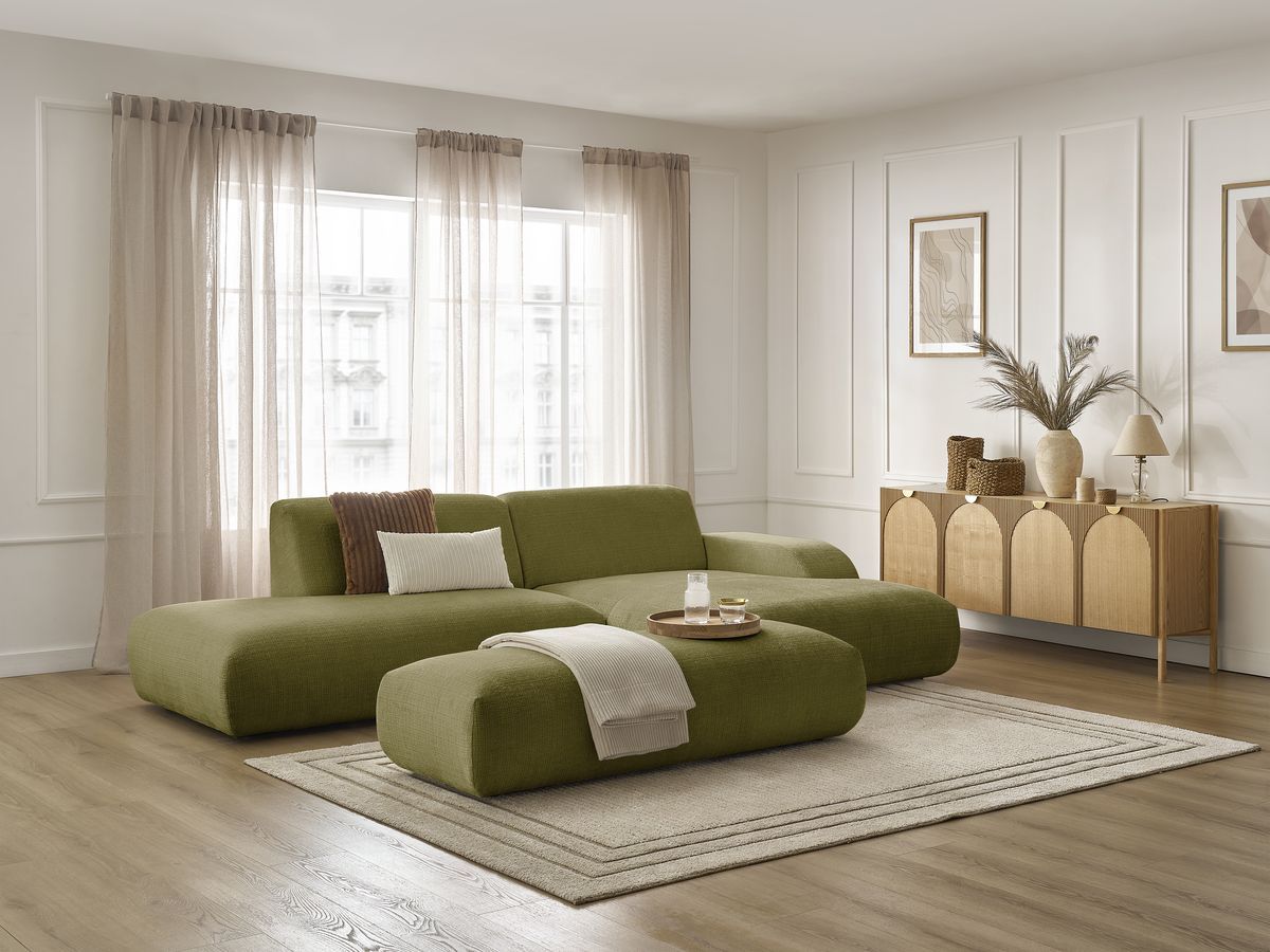 Bobochic Sirius Ecksofa mit Pouf 300 × 170 cm Strukturstoff Grün Ecke rechts