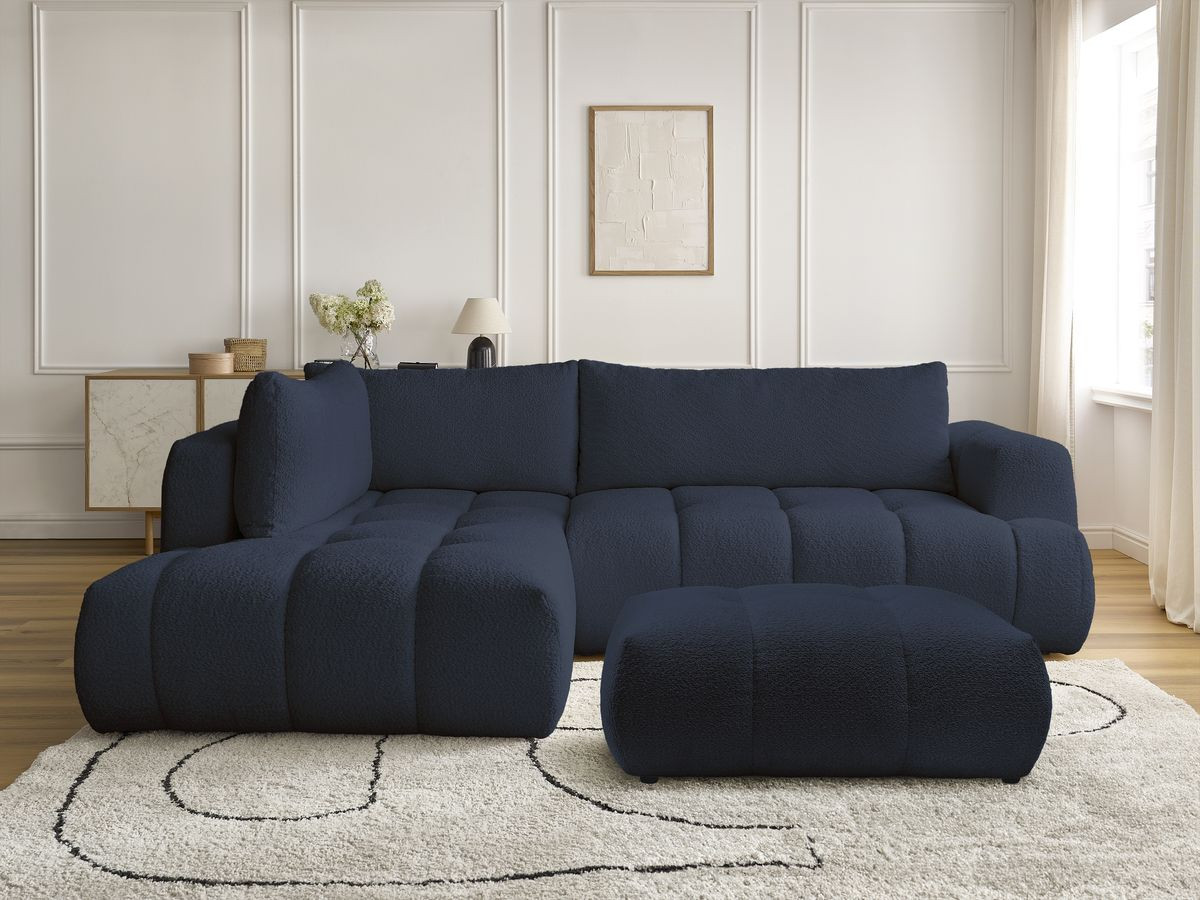 Bobochic Fuji Ecksofa mit Schlaffunktion und Bettkasten und Pouf 282 × 204 cm Bouclé-Stoff Dunkelblau Ecke links