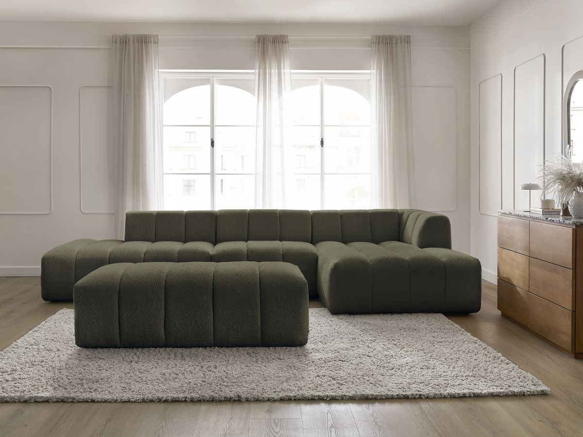 Bobochic Annecy Ecksofa mit Sofamodul und Pouf Bouclé-Stoff Grün Ecke rechts