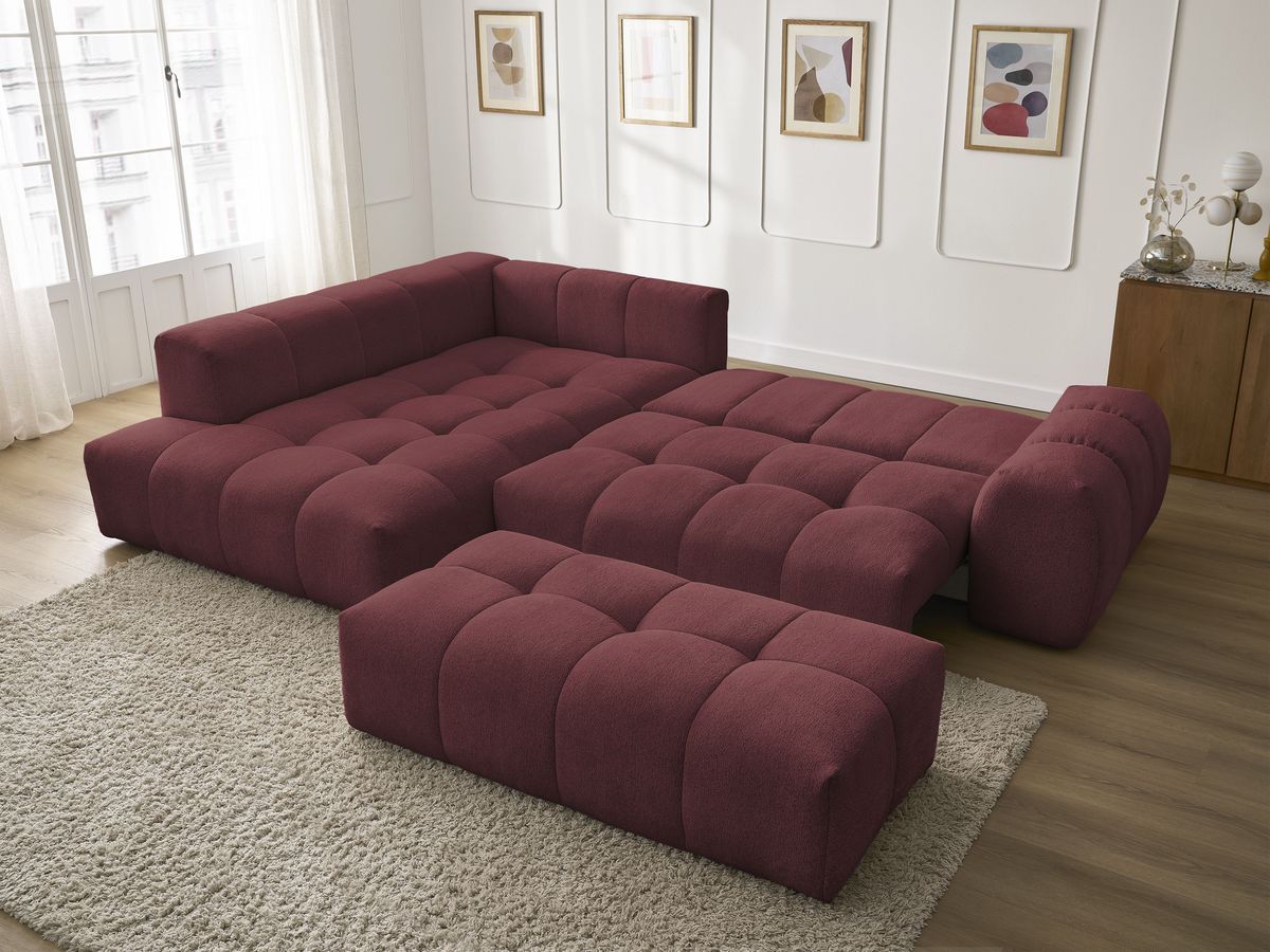 Bobochic Everest Ecksofa mit Schlaffunktion und Bettkasten und Pouf 320 × 212 cm, 5 Kissen Melange-Stoff Rot Ecke links