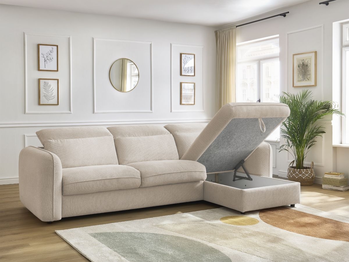 Bobochic Achille Ecksofa mit Schlaffunktion und Bettkasten Melange-Stoff Beige, Liegefläche 160 × 200 cm