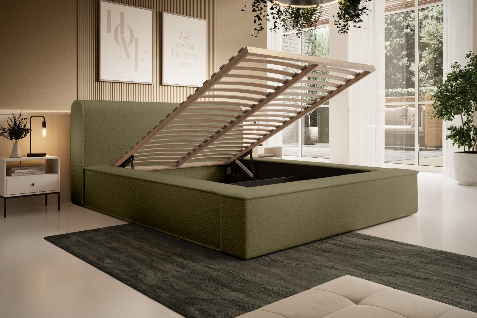 Polsterbett Calio Boucle 180x200 mit Holzrahmen Euphoria 11 Olive
