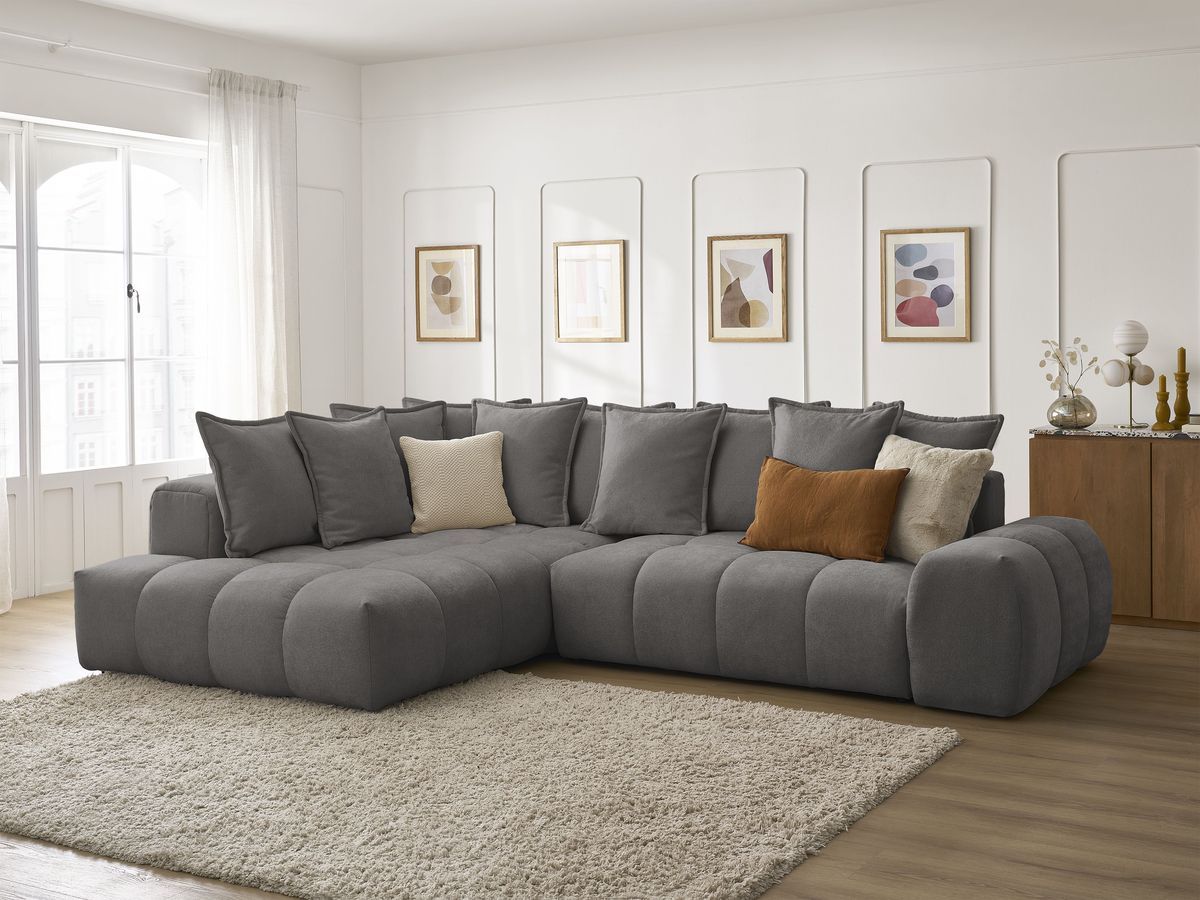 Bobochic Everest Ecksofa mit Schlaffunktion und Bettkasten 320 × 212 cm, 10 Kissen Strukturstoff Dunkelgrau Ecke links