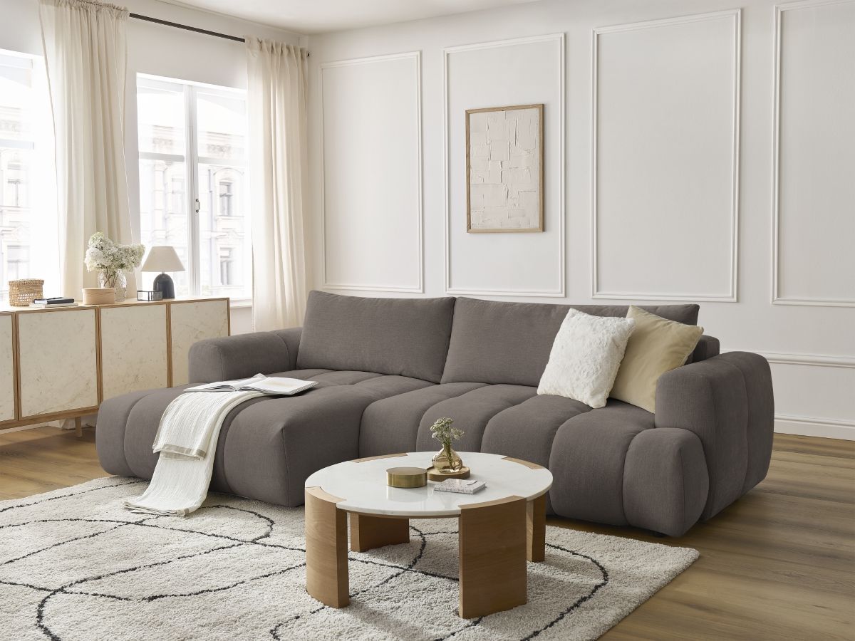 Bobochic Fuji Ecksofa mit Schlaffunktion und Bettkasten 292 × 160 cm Stoff Taupe Ecke links