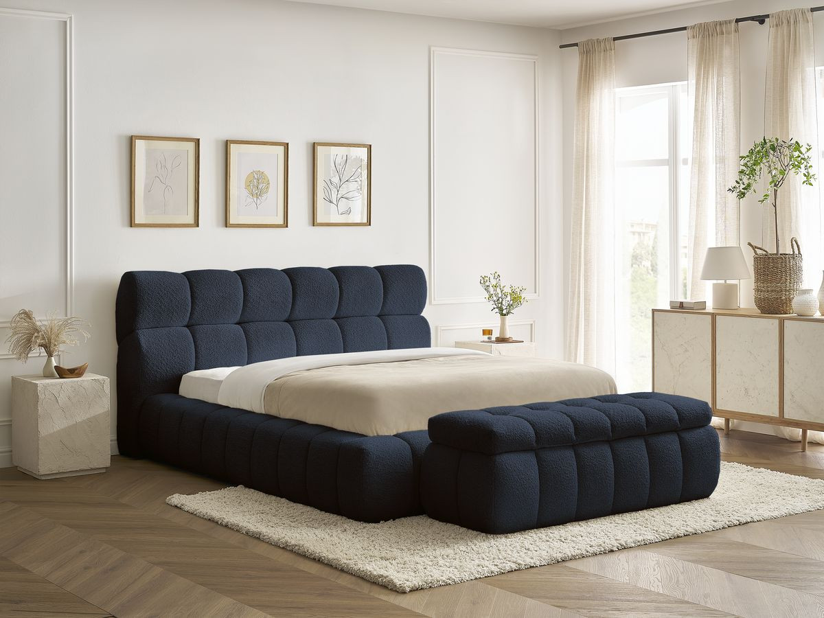 Bobochic Mont-blanc Polsterbett mit Bettkasten mit Bettbank Bouclé-Stoff Dunkelblau, Liegefläche 140 × 190 cm