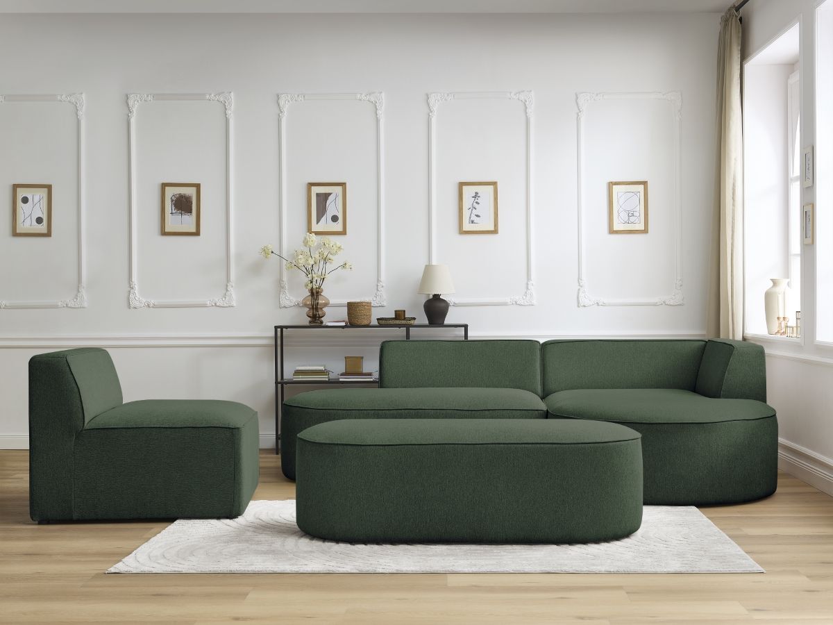 Bobochic Rousseau Ecksofa mit Sofamodul und Pouf Melange-Stoff Grün Ecke rechts