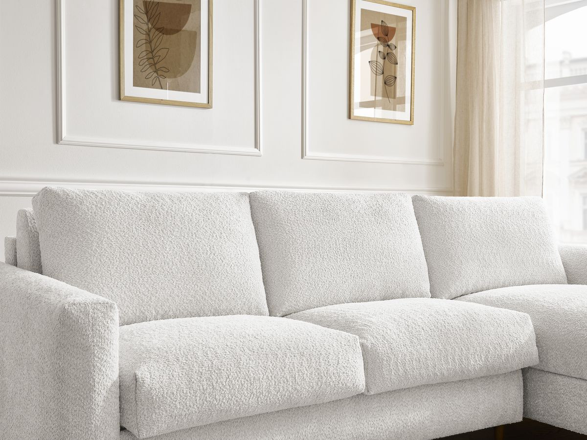 Bobochic Cocoone Ecksofa mit Schlaffunktion und Bettkasten Bouclé-Stoff Weiß, Liegefläche 140 × 200 cm