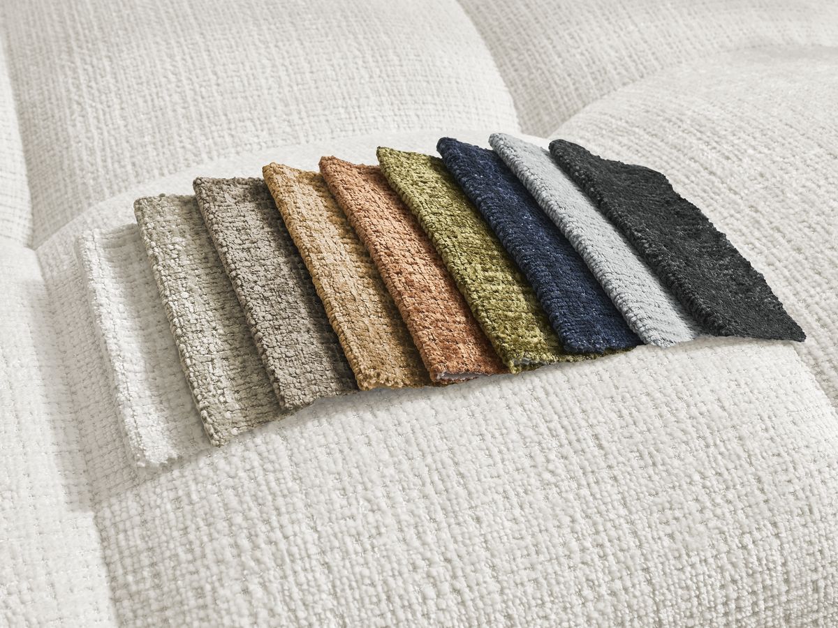 Bobochic Anakin Ecksofa mit Pouf, 6 Kissen Strukturstoff Weiß