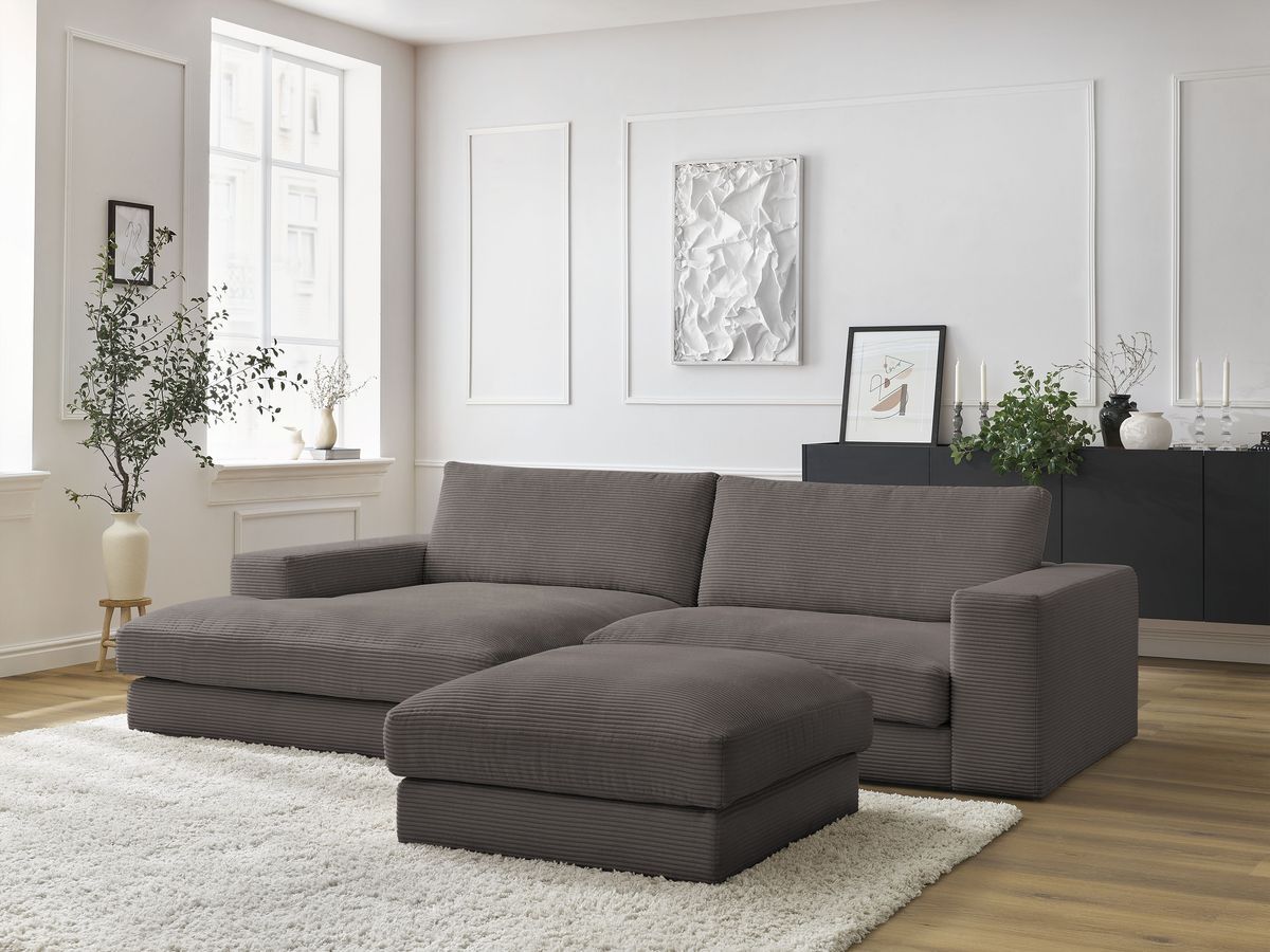 Bobochic Leonard Ecksofa mit Pouf 234 × 159 cm Cordsamt Braun Ecke links