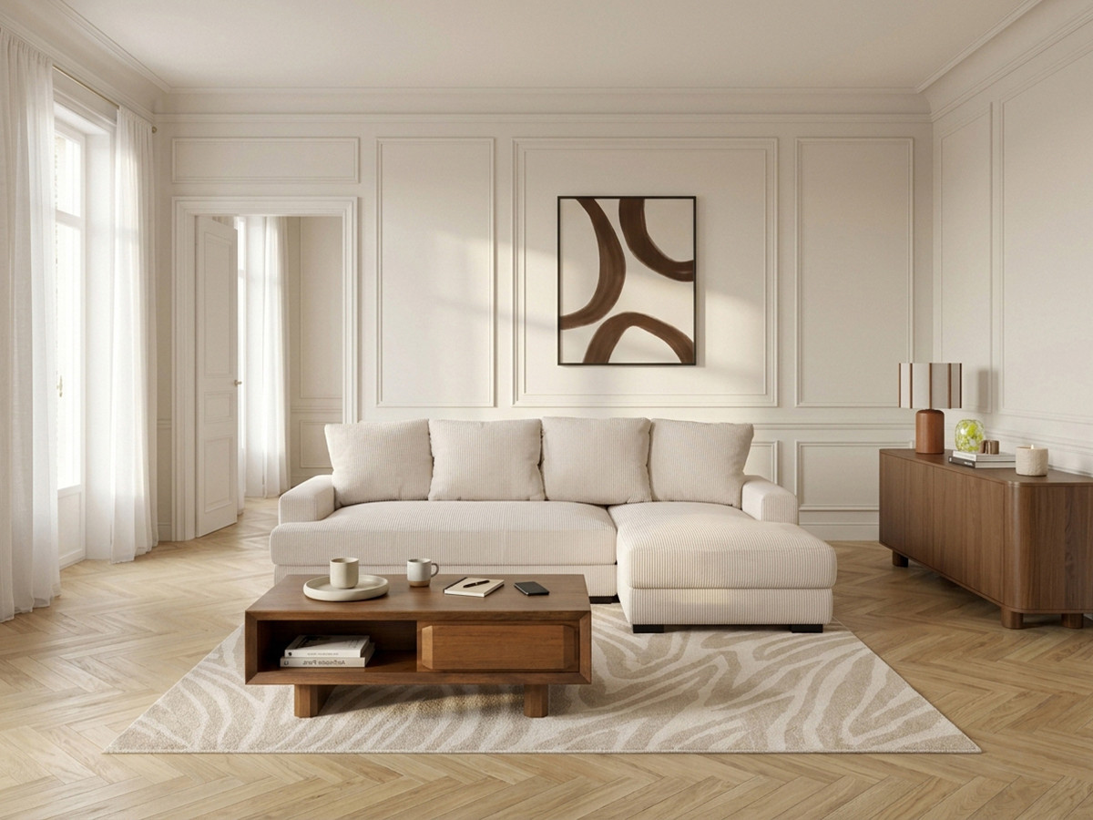 Bobochic Campi Ecksofa mit Schlaffunktion und Bettkasten Cordsamt Beige Ecke rechts