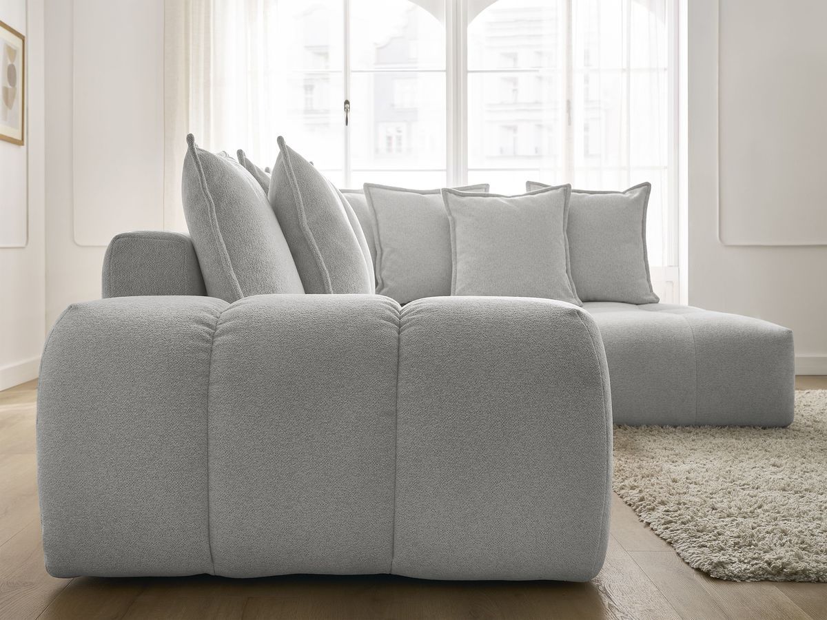 Bobochic Everest Ecksofa mit Schlaffunktion und Bettkasten 320 × 212 cm, 10 Kissen Melange-Stoff Hellgrau Ecke rechts