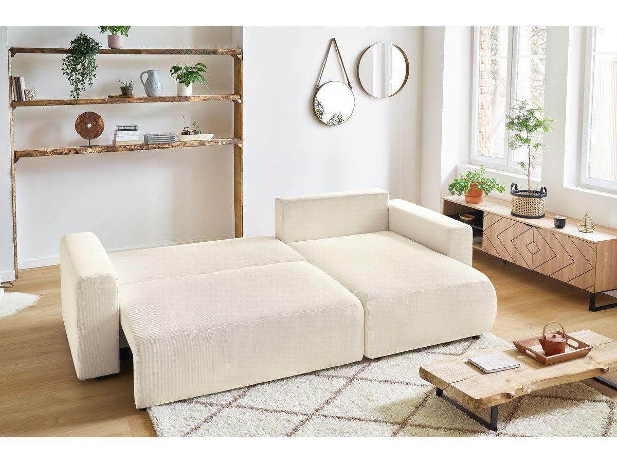 Bobochic Envy Ecksofa mit Schlaffunktion und Bettkasten und Pouf Cordsamt Beige