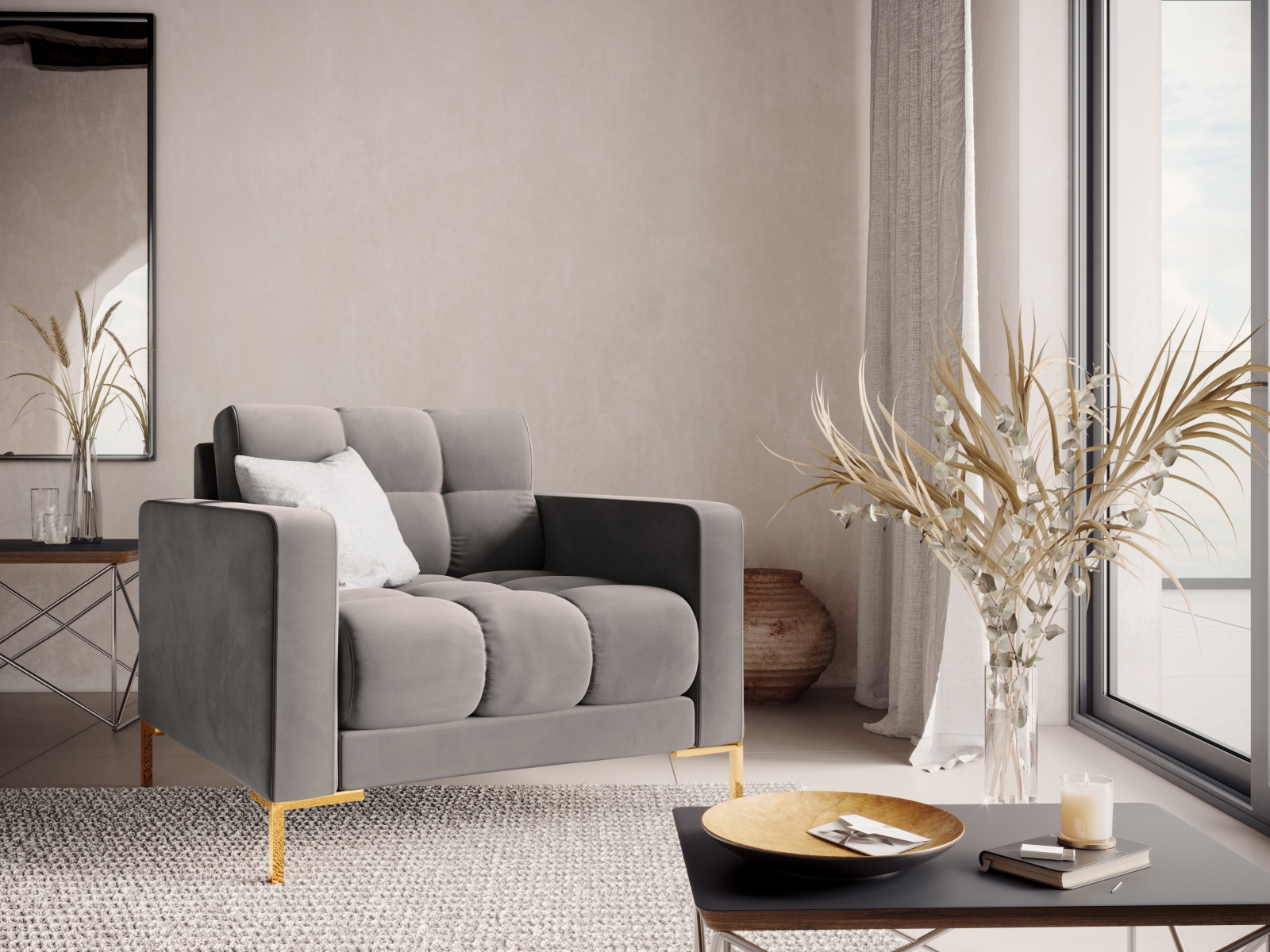 Cosmopolitan Design Sessel Bali Samt Bluvel Hellgrau Beine Gold