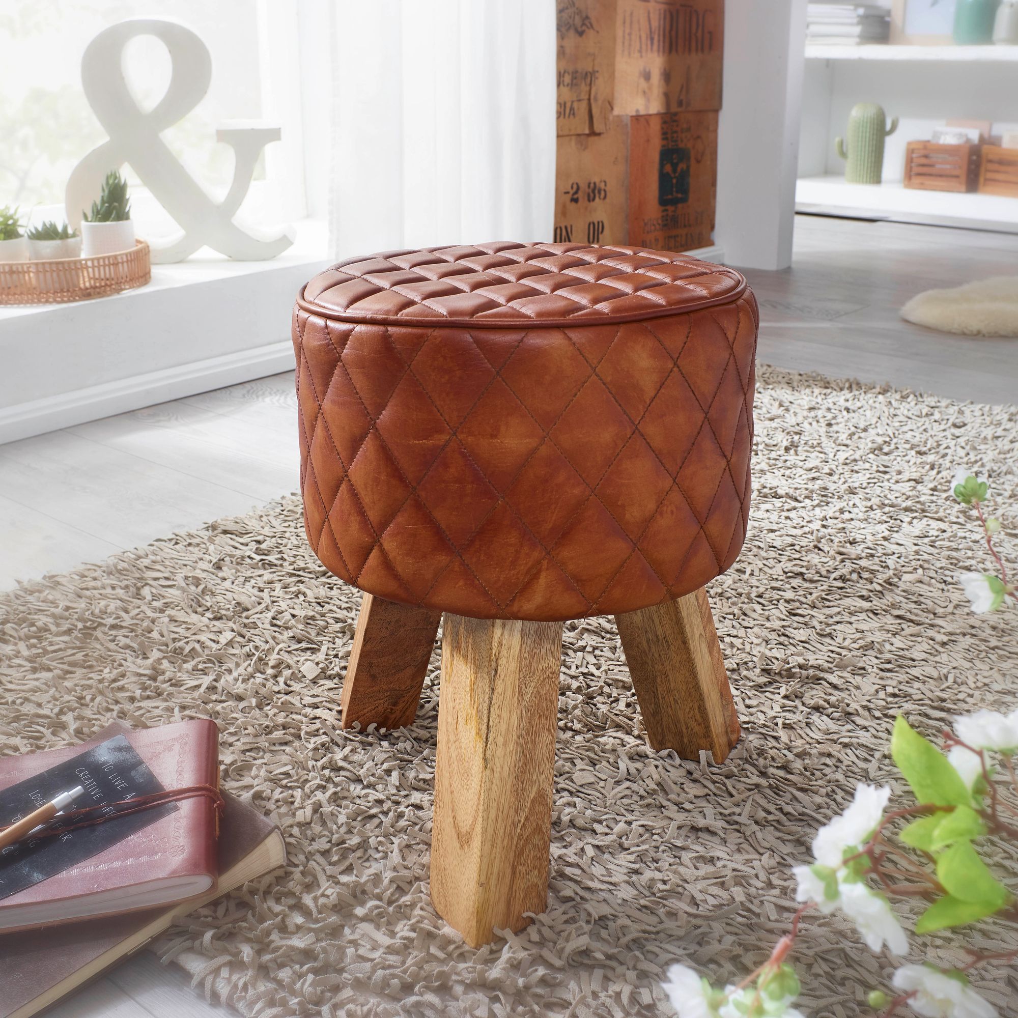 Sitzhocker Tistrup Echtleder Braun Ø 35 cm