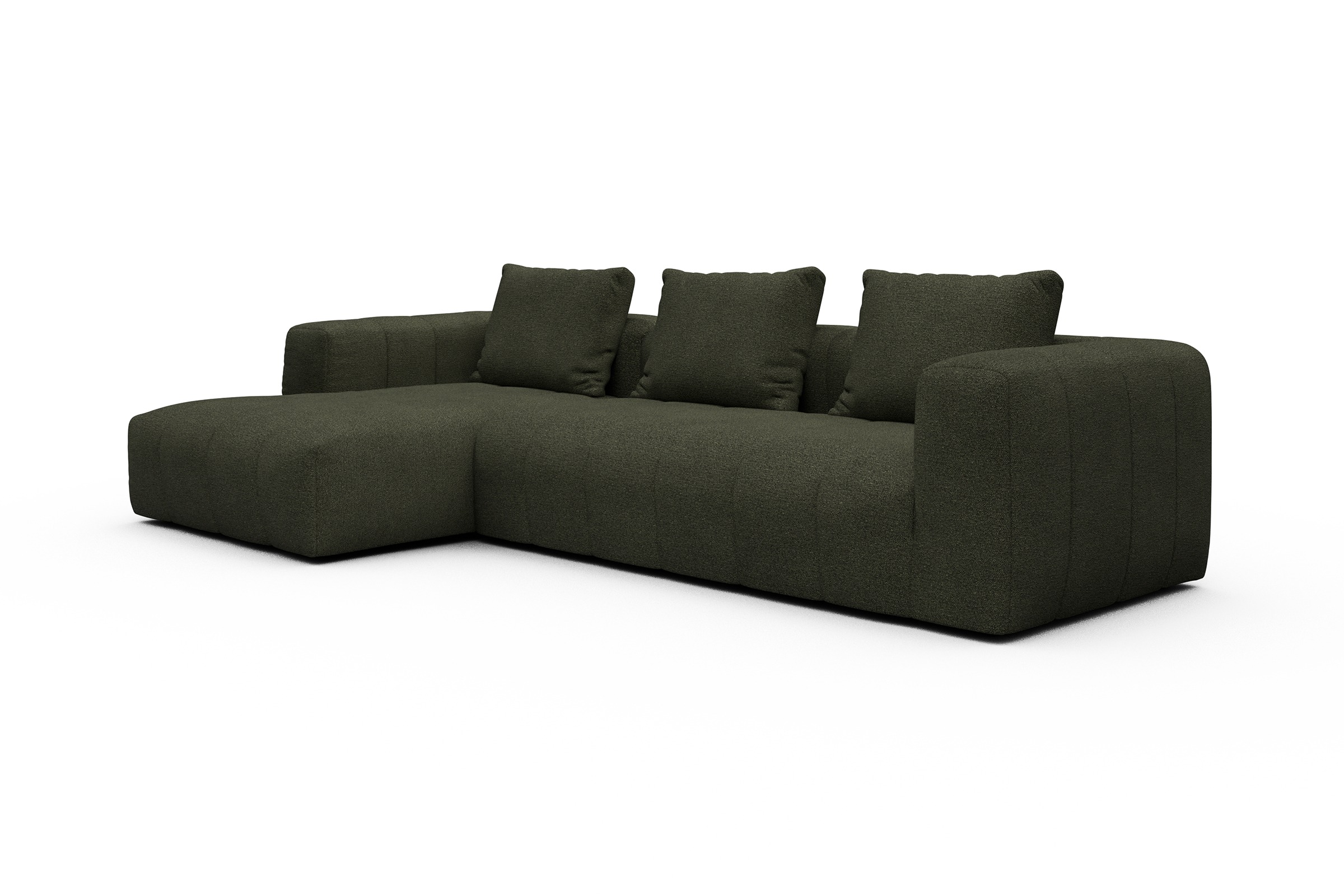 Ecksofa Hugo 2,5-Sitzer Armlehne rechts mit Chaiselongue Boucle-Forest-Green