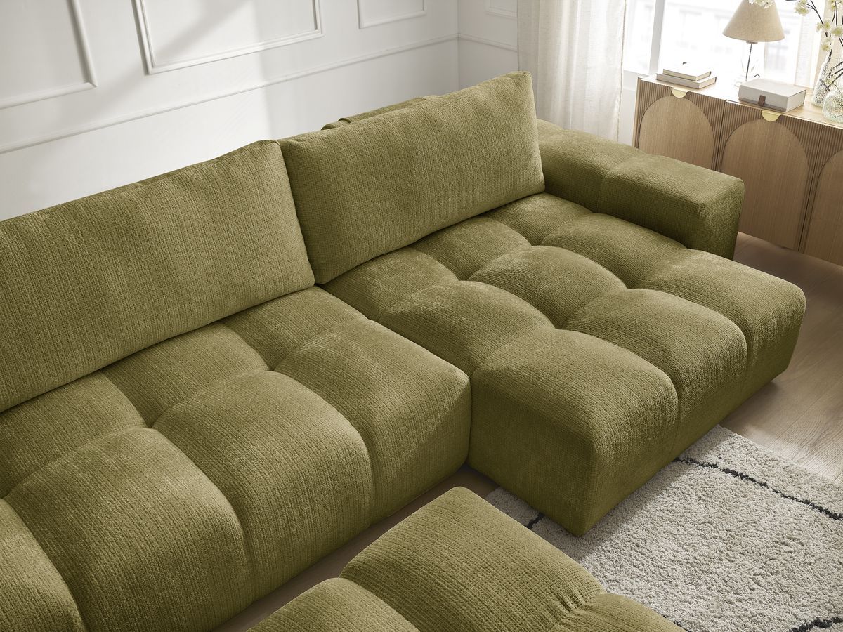 Bobochic Anakin Wohnlandschaft mit Pouf, Liegefläche 137 × 382 cm, 3 Kissen Strukturstoff Grün