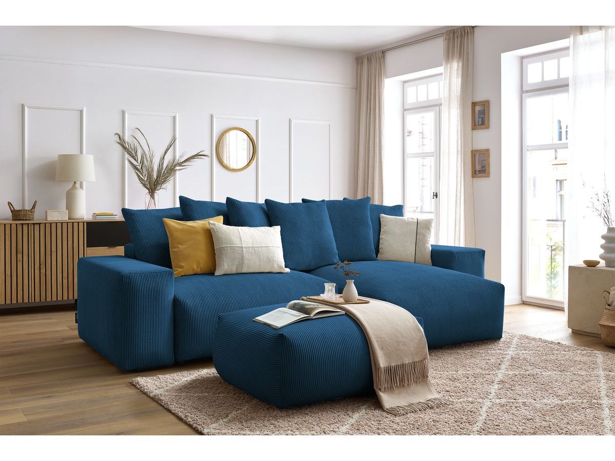 Bobochic Voltaire Ecksofa mit Schlaffunktion und Bettkasten und Pouf Cordsamt Dunkelblau