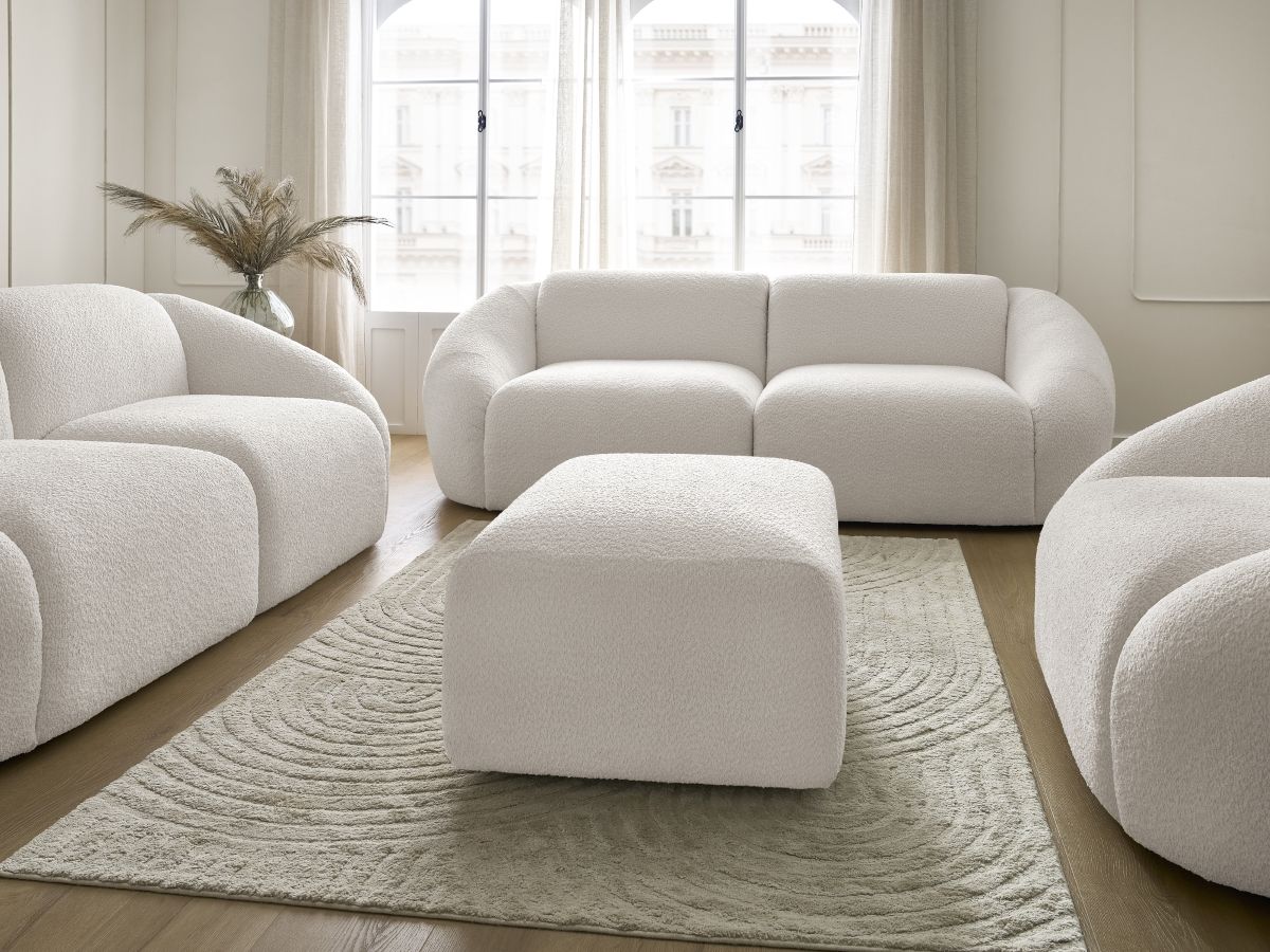 Bobochic Tina Sofa 7-Sitzer mit Pouf Bouclé-Stoff Weiß