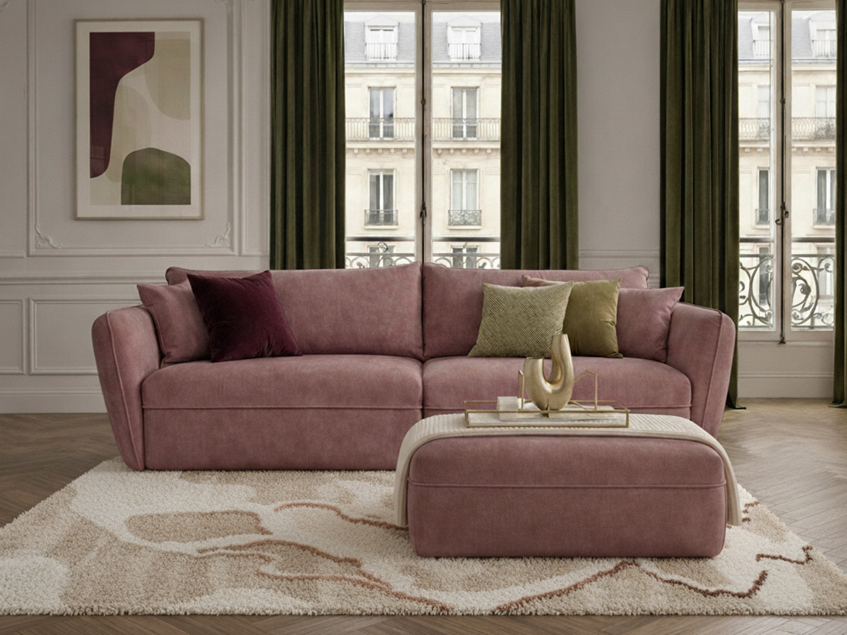 Bobochic Luigi Sofa 3-Sitzer mit Pouf Strukturstoff Rosa
