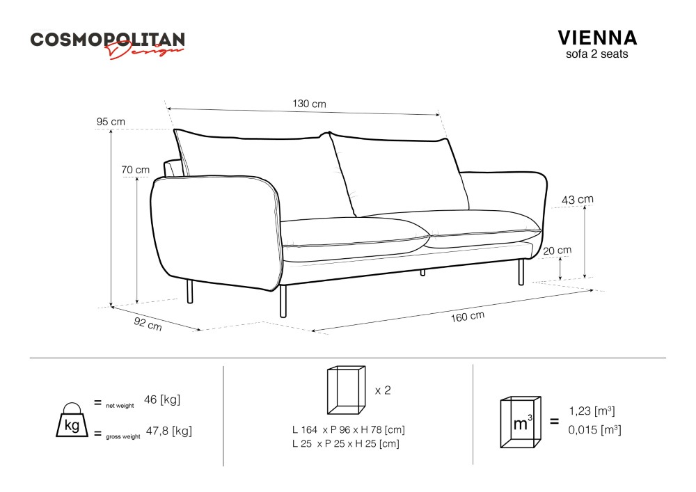 Cosmopolitan Design Sofa Vienna 2-Sitzer Samt Bluvel Hellgrau Beine Schwarzes Metall