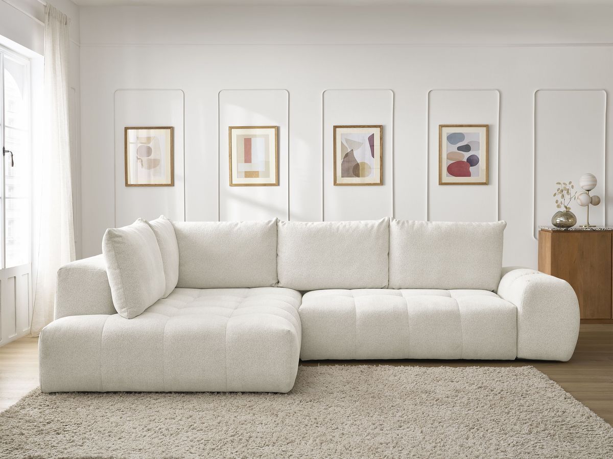 Bobochic Everest Ecksofa mit Schlaffunktion und Bettkasten 320 × 212 cm, 5 Kissen Melange-Stoff Weiß Ecke links