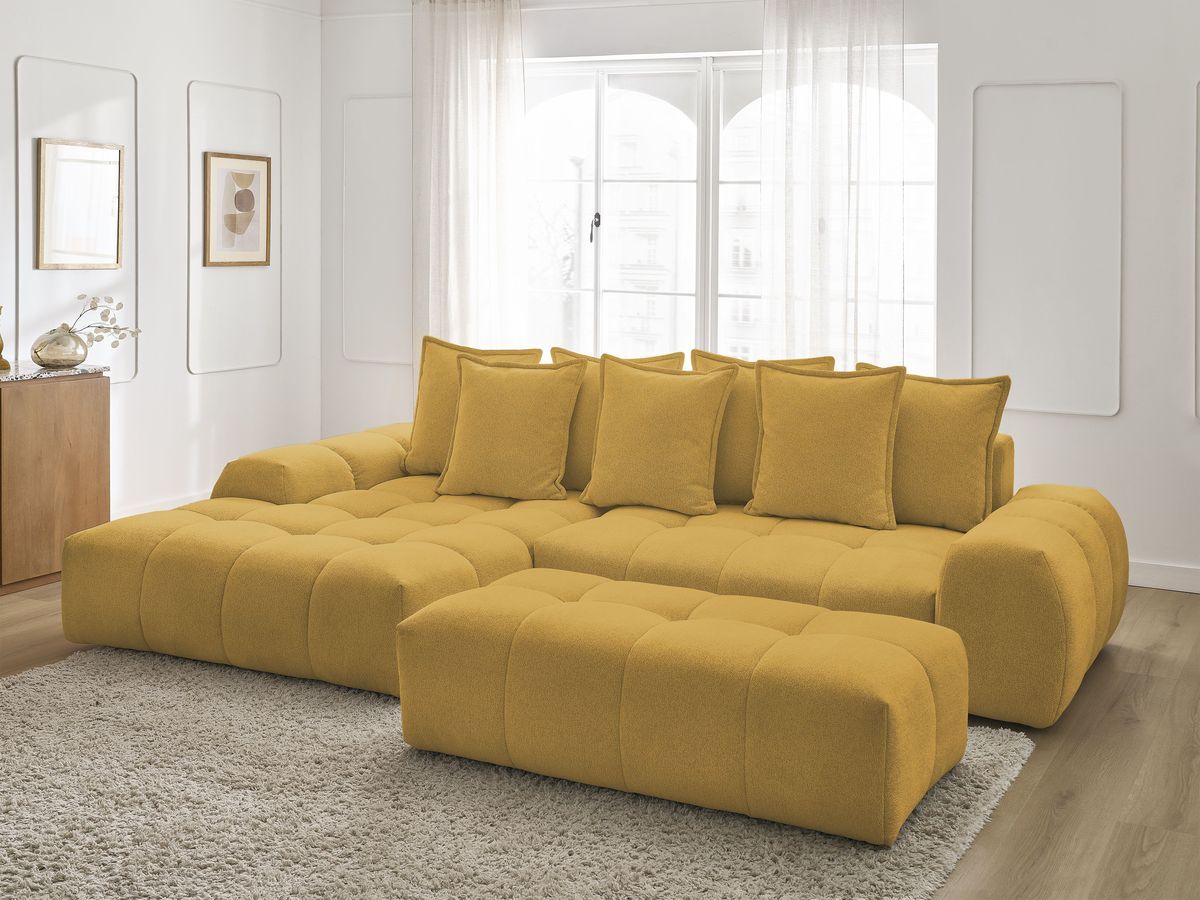 Bobochic Everest Ecksofa mit Schlaffunktion und Bettkasten und Pouf 318 × 180 cm, 7 Kissen Melange-Stoff Gelb Ecke links