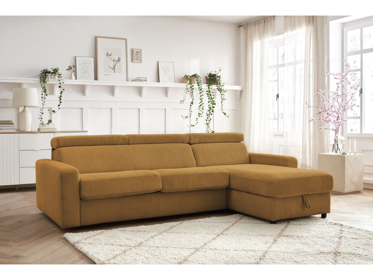Bobochic Monaco Ecksofa mit Schlaffunktion und Bettkasten Cordsamt Gelb, Liegefläche 140 × 190 cm