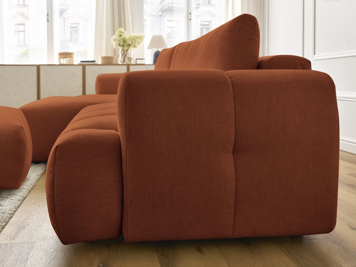Bobochic Fuji Ecksofa mit Schlaffunktion und Bettkasten und Pouf 292 × 160 cm Stoff Orange Ecke links