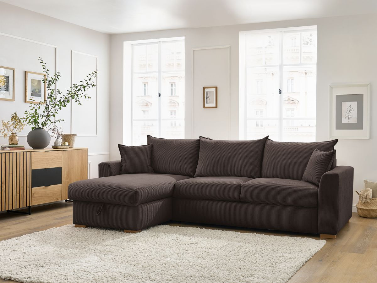 Bobochic Augustin Ecksofa mit Schlaffunktion und Bettkasten Cordsamt Braun, Liegefläche 160 × 200 cm