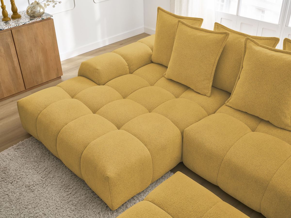 Bobochic Everest Ecksofa mit Schlaffunktion und Bettkasten und Pouf 318 × 180 cm, 7 Kissen Melange-Stoff Gelb Ecke links