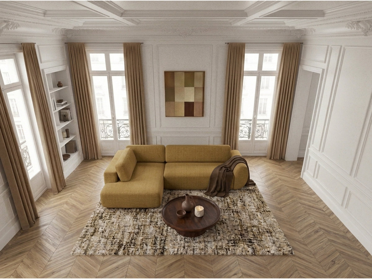 Bobochic Denise Ecksofa mit Schlaffunktion und Bettkasten 256 × 197 cm Strukturstoff Gelb Ecke links