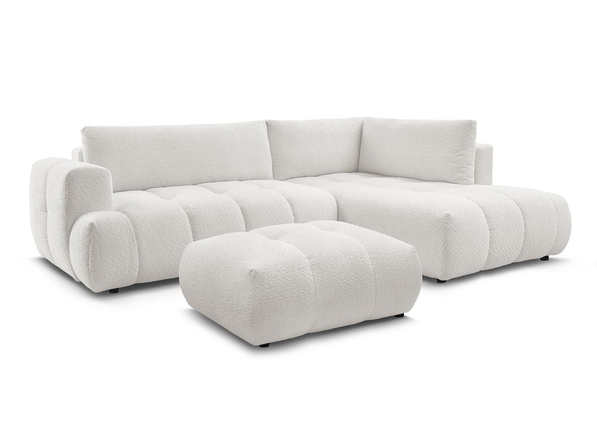 Bobochic Fuji Ecksofa mit Schlaffunktion und Bettkasten und Pouf 282 × 204 cm Bouclé-Stoff Weiß Ecke rechts