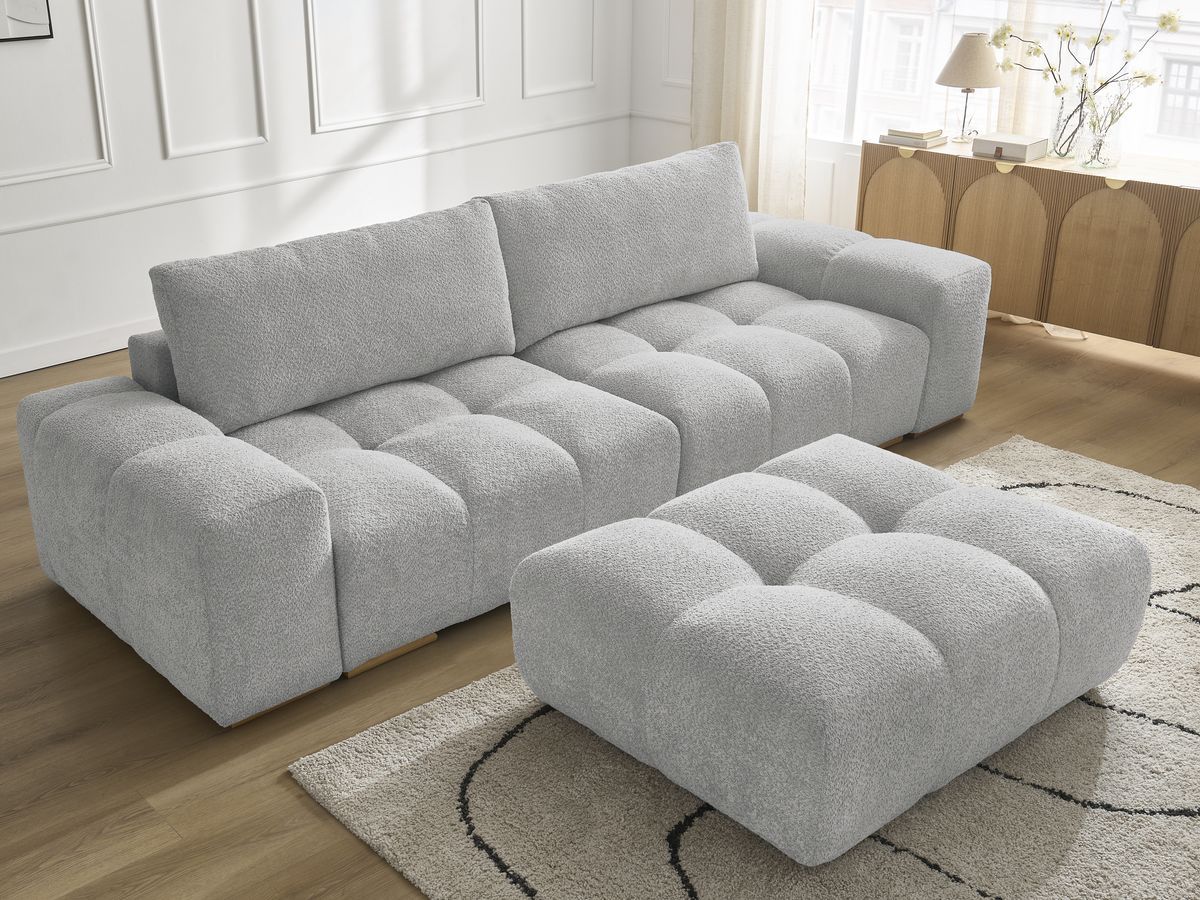 Bobochic Anakin Sofa 3-Sitzer mit Pouf, 2 Kissen Bouclé-Stoff Hellgrau