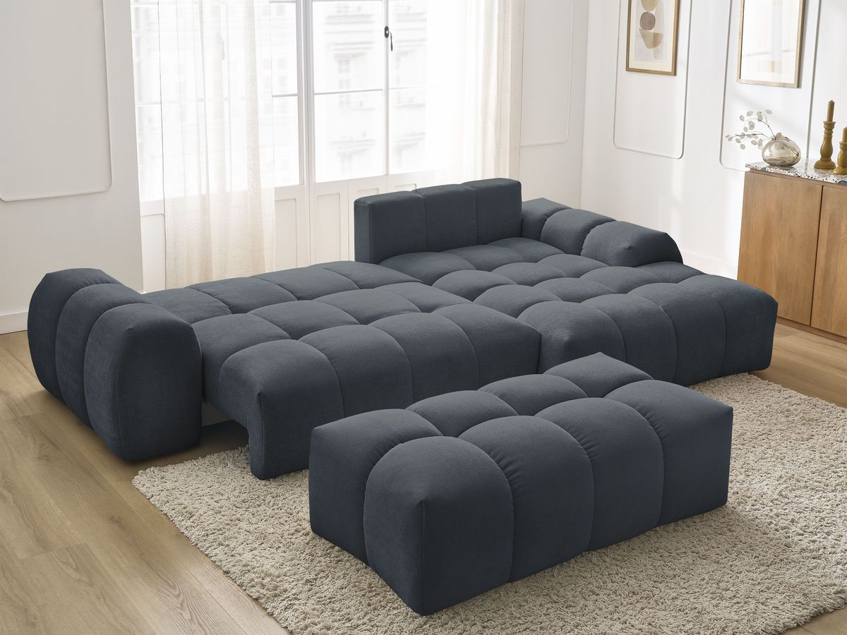 Bobochic Everest Ecksofa mit Schlaffunktion und Bettkasten und Pouf 318 × 180 cm, 7 Kissen Strukturstoff Blau Ecke rechts