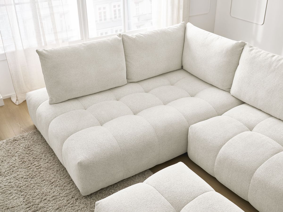 Bobochic Everest Ecksofa mit Schlaffunktion und Bettkasten und Pouf 320 × 212 cm, 5 Kissen Melange-Stoff Weiß Ecke links