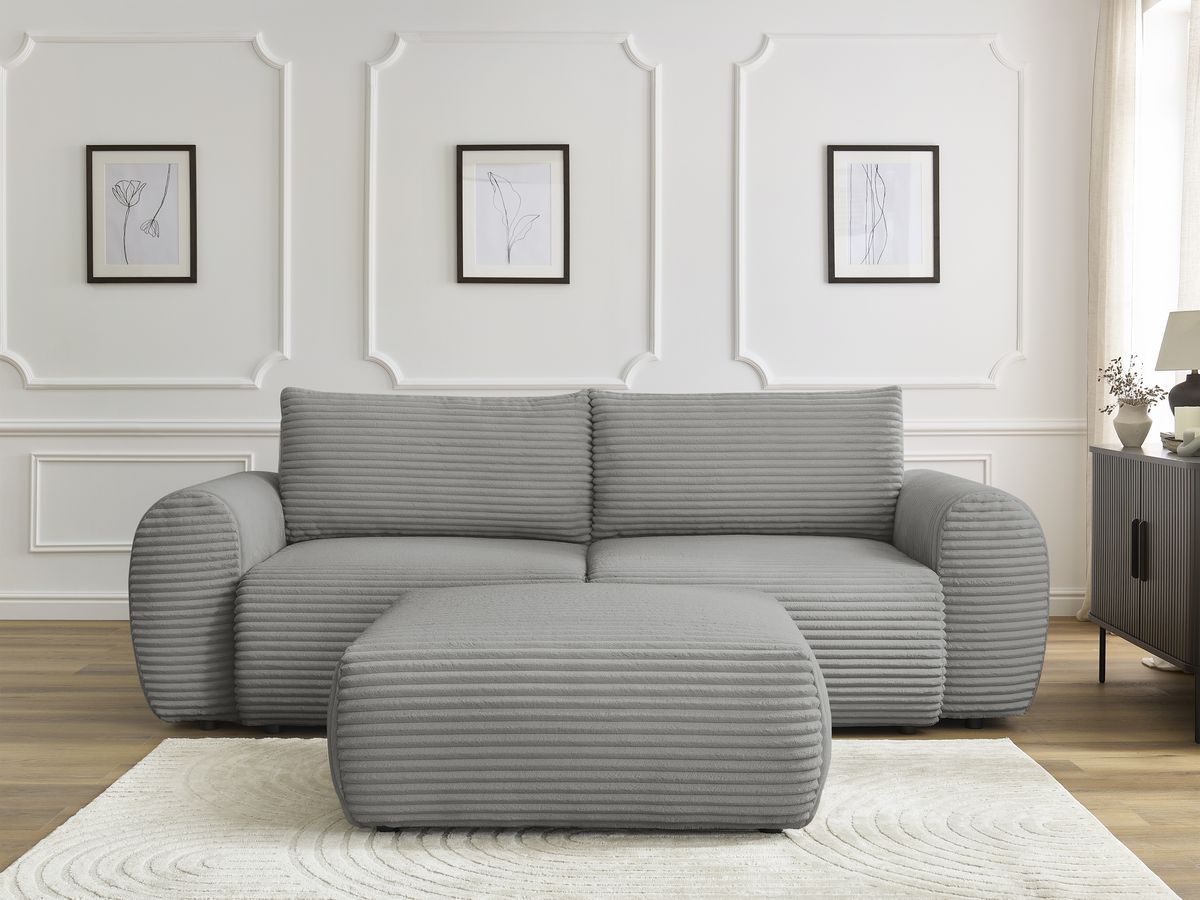 Bobochic Lucien Schlafsofa 4-Sitzer mit Bettkasten und Pouf Breitcord weich Dunkelgrau