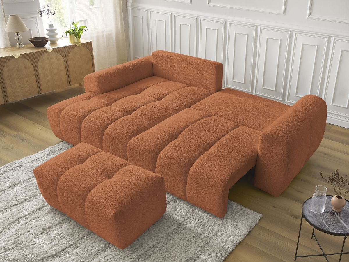 Bobochic Roxelane Ecksofa mit Schlaffunktion und Bettkasten und Pouf 258 × 150 cm Bouclé-Stoff Orange Ecke links