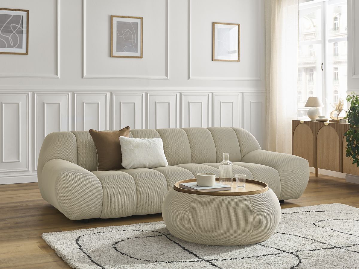 Bobochic Hayden Sofa 3-Sitzer mit Pouf 256 × 107 cm Mesh-Stoff Beige