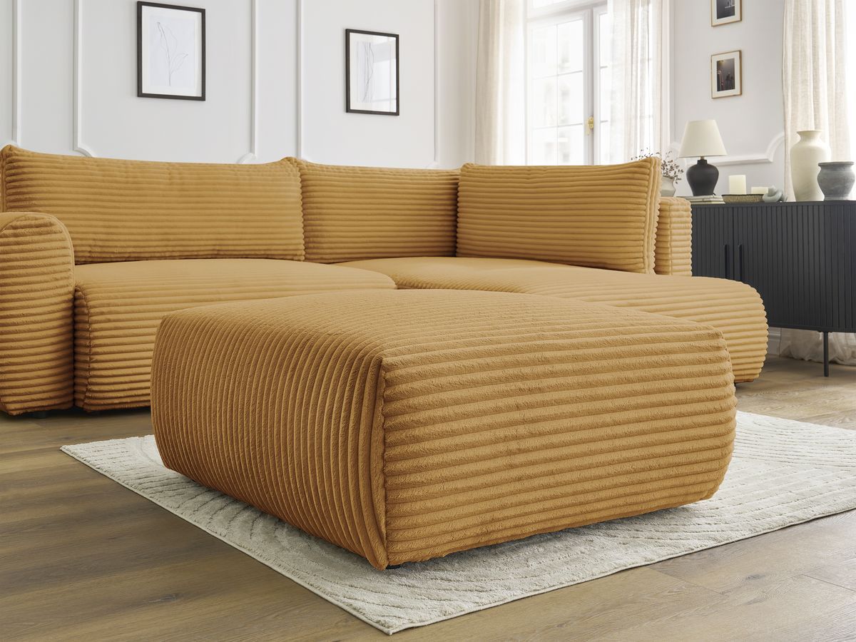 Bobochic Lucien Ecksofa mit Schlaffunktion und Bettkasten und Pouf 296 × 198 cm Breitcord weich Gelb Ecke rechts