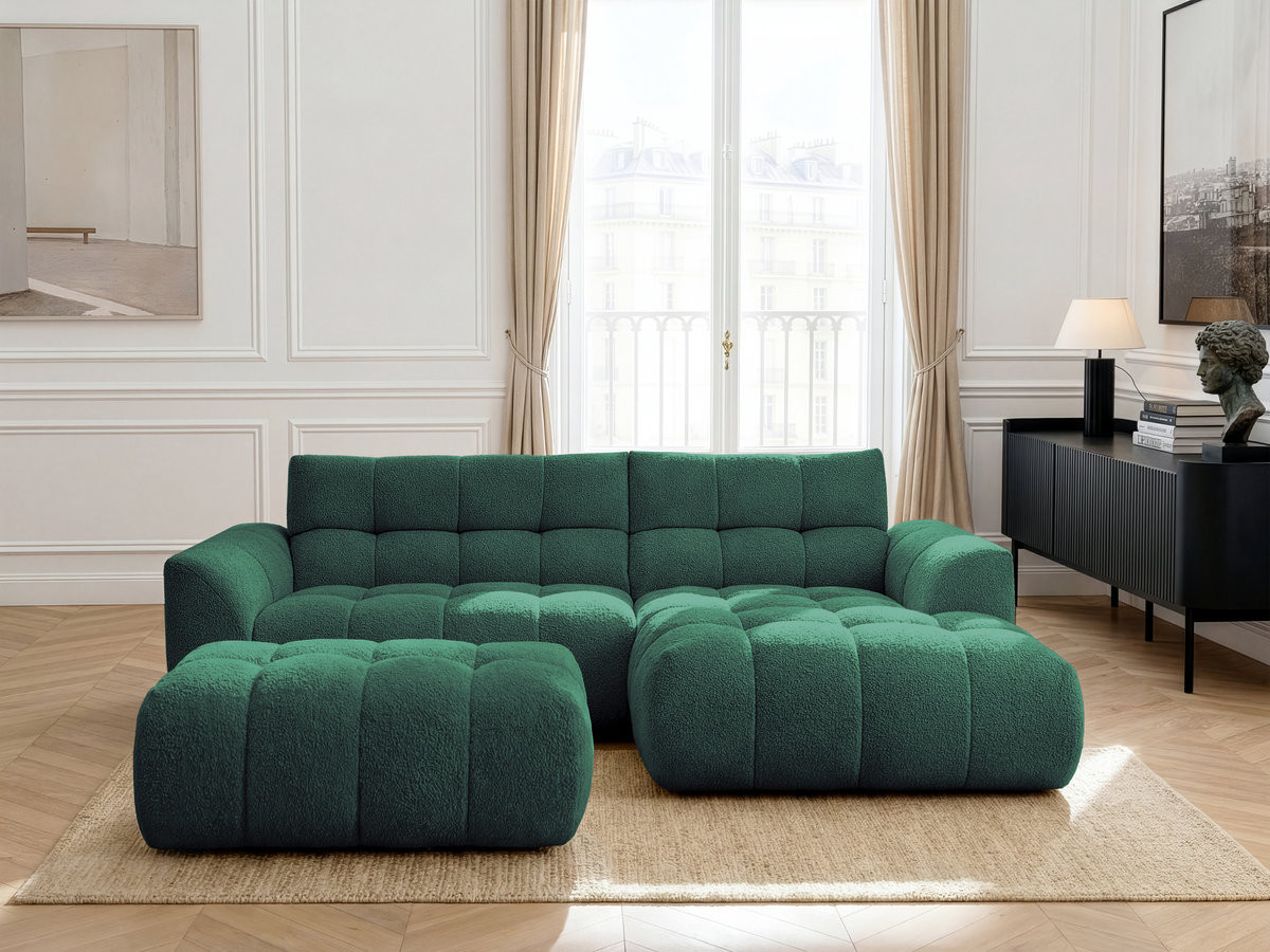 Bobochic Jaya Ecksofa mit Pouf Chenille Dunkelgrün Ecke rechts