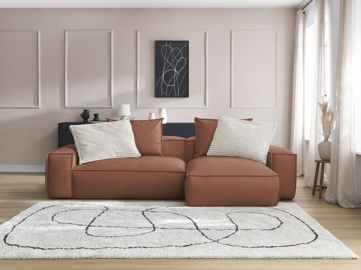 Bobochic Boheme Ecksofa, 3 Kissen Kunstleder Dunkelbraun
