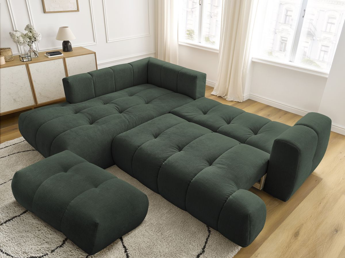 Bobochic Fuji Ecksofa mit Schlaffunktion und Bettkasten und Pouf 282 × 204 cm Stoff Grün Ecke links