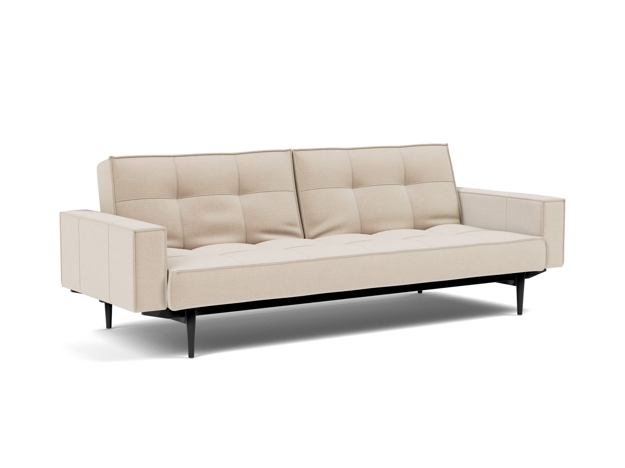 Schlafsofa Splitback mit Armlehnen Chenille Esina 410-Almond-Beige Beine Styletto Eiche schwarz