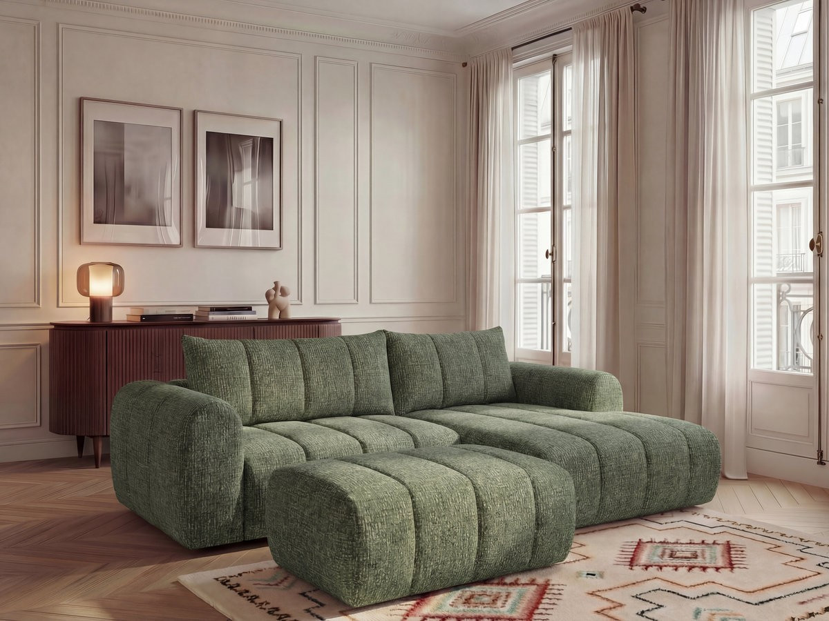 Bobochic Nesty Ecksofa 272 cm mit Pouf Melange-Stoff Hellgrün Ecke rechts