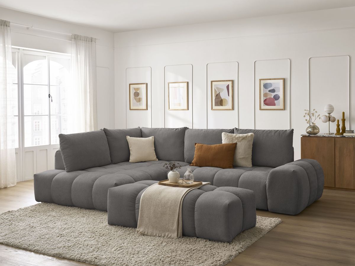 Bobochic Everest Ecksofa mit Schlaffunktion und Bettkasten und Pouf 320 × 212 cm, 5 Kissen Strukturstoff Dunkelgrau Ecke links