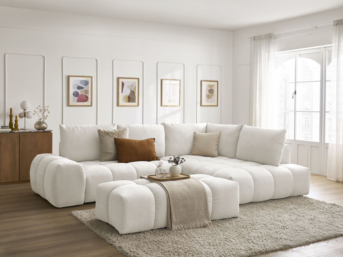 Bobochic Everest Ecksofa mit Schlaffunktion und Bettkasten und Pouf 320 × 212 cm, 5 Kissen Strukturstoff Weiß Ecke rechts