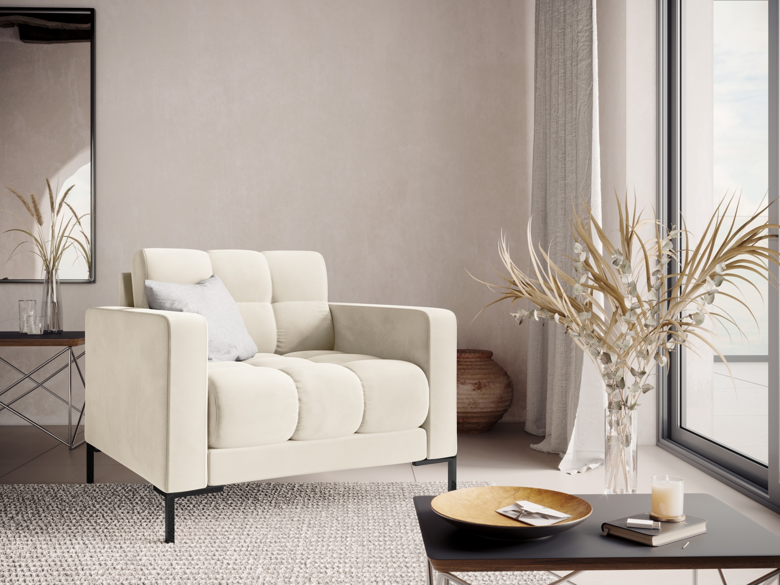 Cosmopolitan Design Sessel Bali Samt Bluvel Helles Beige Beine Schwarzes Metall