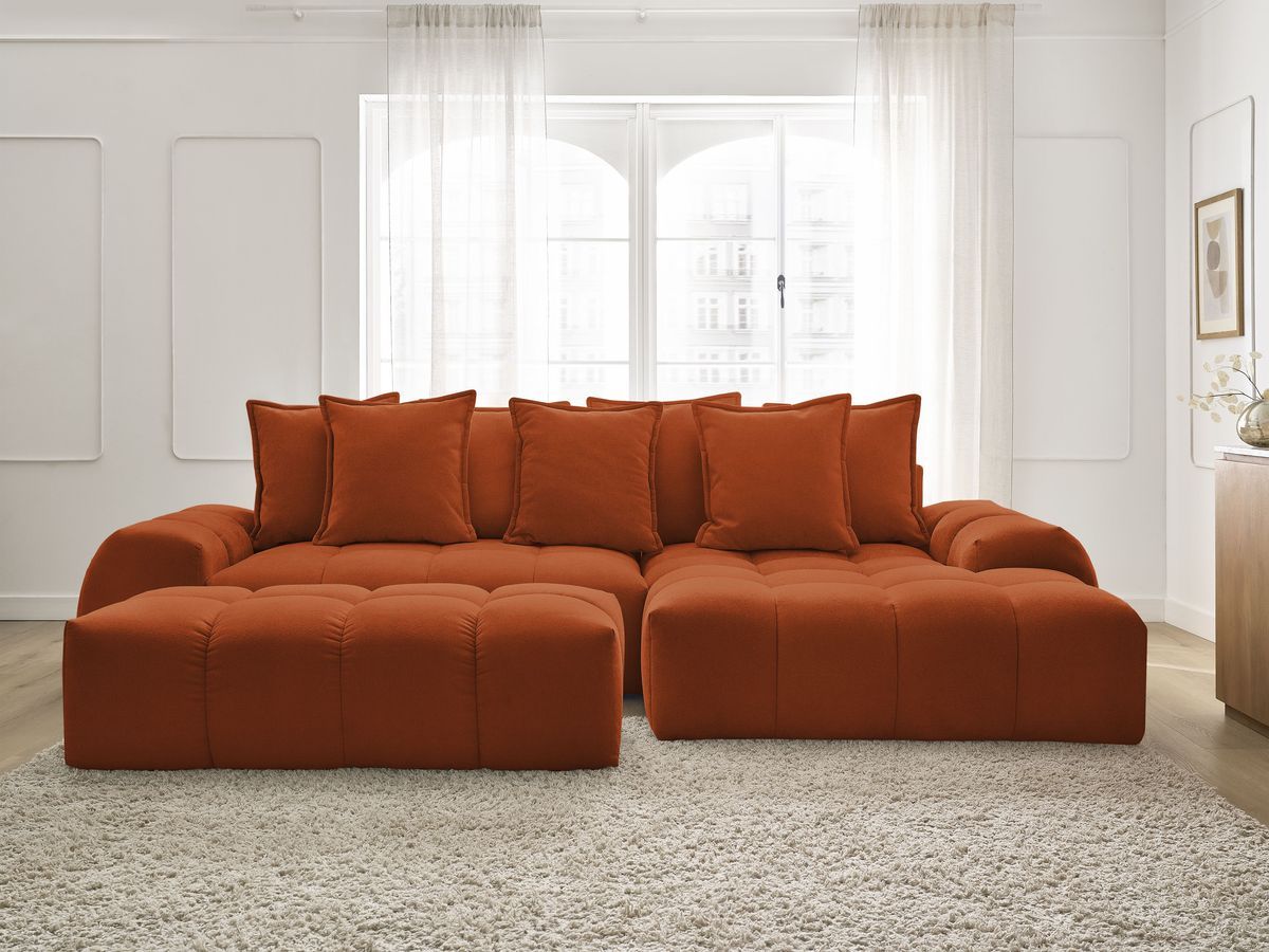 Bobochic Everest Ecksofa mit Schlaffunktion und Bettkasten und Pouf 318 × 180 cm, 7 Kissen Strukturstoff Orange Ecke rechts